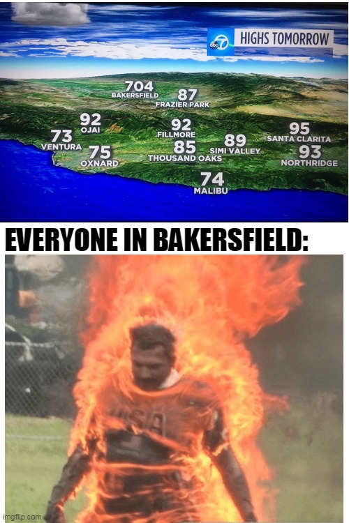 its hot in Bakersfield | EVERYONE IN BAKERSFIELD: | image tagged in blank white template,memes,funny | made w/ Imgflip meme maker