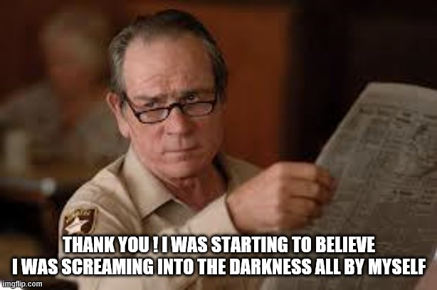 no country for old men tommy lee jones | THANK YOU ! I WAS STARTING TO BELIEVE I WAS SCREAMING INTO THE DARKNESS ALL BY MYSELF | image tagged in no country for old men tommy lee jones | made w/ Imgflip meme maker