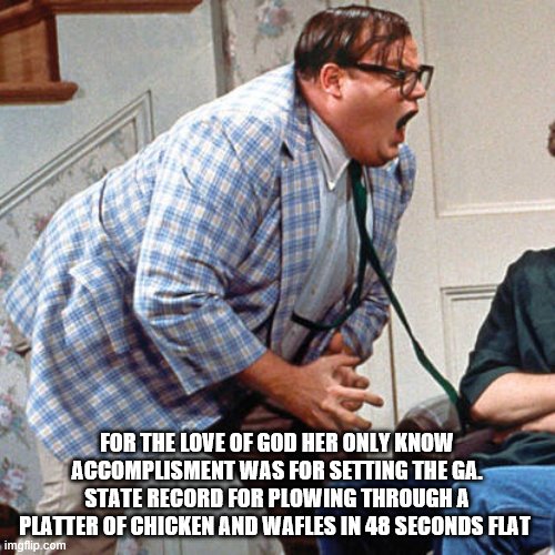 Chris Farley For the love of god | FOR THE LOVE OF GOD HER ONLY KNOW ACCOMPLISMENT WAS FOR SETTING THE GA. STATE RECORD FOR PLOWING THROUGH A PLATTER OF CHICKEN AND WAFLES IN  | image tagged in chris farley for the love of god | made w/ Imgflip meme maker
