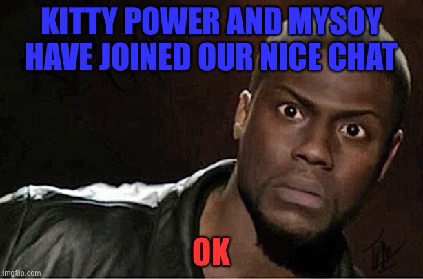 welcome kitten power and mysoy | KITTY POWER AND MYSOY HAVE JOINED OUR NICE CHAT; OK | image tagged in memes,kevin hart | made w/ Imgflip meme maker