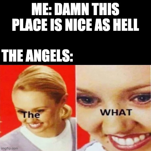 Baby Jesus for mod 2020 | ME: DAMN THIS PLACE IS NICE AS HELL; THE ANGELS: | image tagged in memes,funny,repost | made w/ Imgflip meme maker