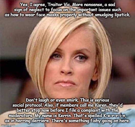 Karen, the manager will see you now | Yes, I agree, Traitor Vic. More nonsense, a sad sign of neglect to focus on the important issues such as how to wear face masks properly without smudging lipstick. Don't laugh or even smirk. This is serious social protocol. Also, if members call me Karen, they'd better stop now before I file a complaint with the moderators. My name is Kerrin. That's spelled K-e-r-r-i-n, as in herring derriere. There's something fishy going on here. | image tagged in karen the manager will see you now | made w/ Imgflip meme maker