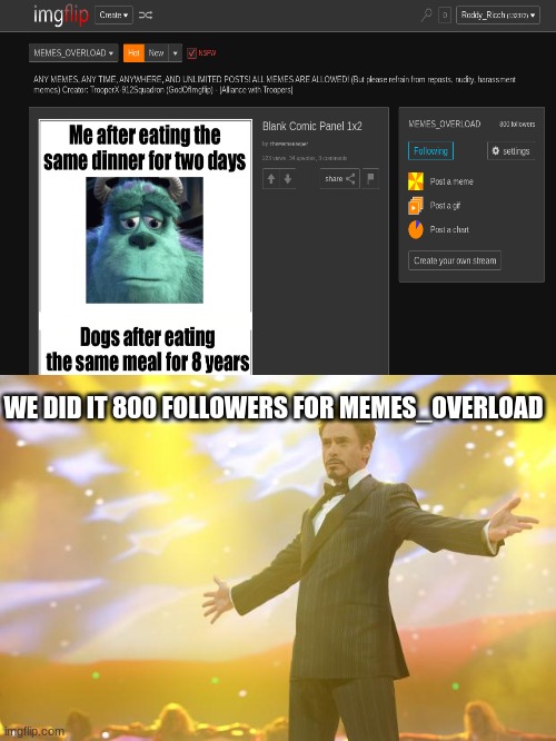 WE DID IT 800 FOLLOWERS FOR MEMES_OVERLOAD | image tagged in tony stark success | made w/ Imgflip meme maker