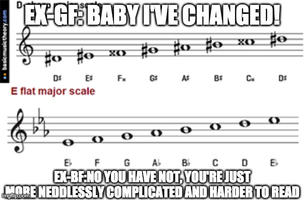 D# vs Eb | EX-GF: BABY I'VE CHANGED! EX-BF:NO YOU HAVE NOT, YOU'RE JUST MORE NEDDLESSLY COMPLICATED AND HARDER TO READ | image tagged in music | made w/ Imgflip meme maker