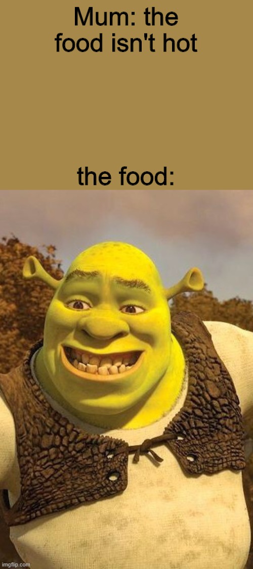 shrek | Mum: the food isn't hot; the food: | image tagged in smiling shrek,lol,memes,funny memes,shrek,relatable | made w/ Imgflip meme maker