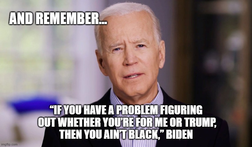 NoJoe just No | AND REMEMBER... “IF YOU HAVE A PROBLEM FIGURING
 OUT WHETHER YOU’RE FOR ME OR TRUMP,
 THEN YOU AIN’T BLACK,” BIDEN | image tagged in joe biden 2020,black,creepy,joe biden | made w/ Imgflip meme maker