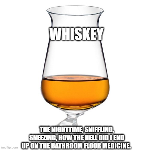 WHISKEY | WHISKEY; THE NIGHTTIME, SNIFFLING, SNEEZING, HOW THE HELL DID I END UP ON THE BATHROOM FLOOR MEDICINE. | image tagged in medicine | made w/ Imgflip meme maker