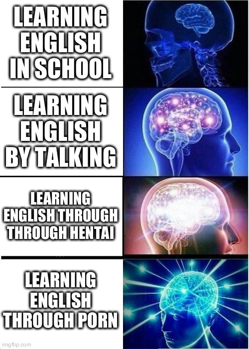 This is da way | LEARNING ENGLISH IN SCHOOL; LEARNING ENGLISH BY TALKING; LEARNING ENGLISH THROUGH THROUGH HENTAI; LEARNING ENGLISH THROUGH PORN | image tagged in memes,expanding brain | made w/ Imgflip meme maker
