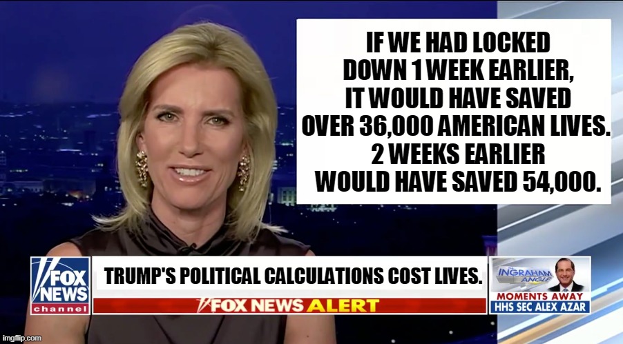 Trump denies this, so of course it must be true. | IF WE HAD LOCKED DOWN 1 WEEK EARLIER, IT WOULD HAVE SAVED OVER 36,000 AMERICAN LIVES. 
2 WEEKS EARLIER WOULD HAVE SAVED 54,000. TRUMP'S POLITICAL CALCULATIONS COST LIVES. | image tagged in laura ingraham is a blank,coronavirus,covid-19,trump,murderer | made w/ Imgflip meme maker