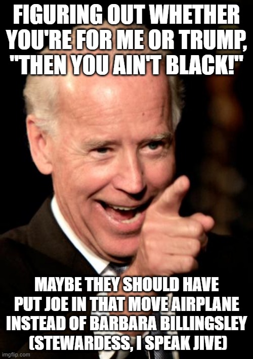 Jive Turkey | FIGURING OUT WHETHER YOU'RE FOR ME OR TRUMP, "THEN YOU AIN'T BLACK!"; MAYBE THEY SHOULD HAVE PUT JOE IN THAT MOVE AIRPLANE INSTEAD OF BARBARA BILLINGSLEY  (STEWARDESS, I SPEAK JIVE) | image tagged in smilin biden,black,joe biden,racist,bigot,trump | made w/ Imgflip meme maker