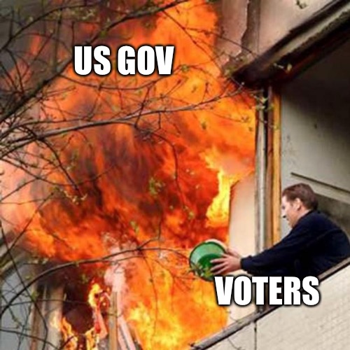 Democracy | US GOV; VOTERS | image tagged in fire idiot bucket water | made w/ Imgflip meme maker