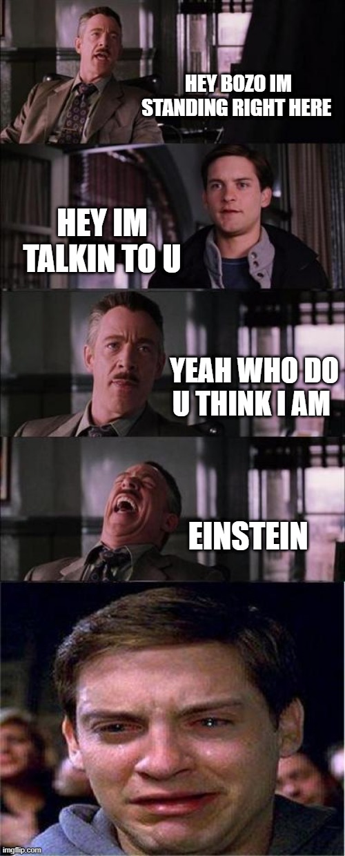 Peter Parker Cry Meme | HEY BOZO IM STANDING RIGHT HERE; HEY IM TALKIN TO U; YEAH WHO DO U THINK I AM; EINSTEIN | image tagged in memes,peter parker cry | made w/ Imgflip meme maker