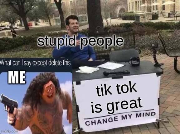 Change My Mind |  stupid people; ME; tik tok is great | image tagged in memes,change my mind | made w/ Imgflip meme maker