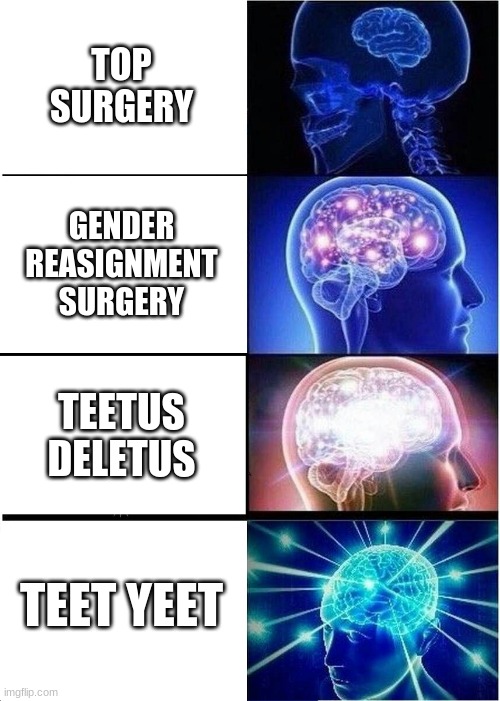 top surgery | TOP SURGERY; GENDER REASIGNMENT SURGERY; TEETUS DELETUS; TEET YEET | image tagged in memes,expanding brain | made w/ Imgflip meme maker