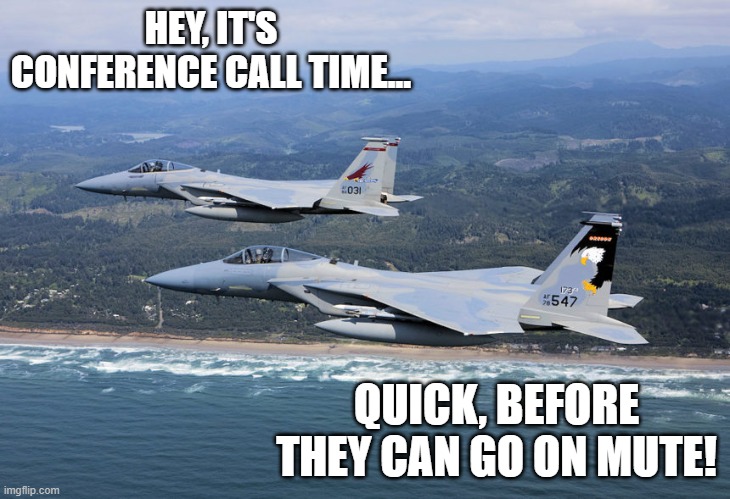 Air National Guard says good morning! | HEY, IT'S CONFERENCE CALL TIME... QUICK, BEFORE THEY CAN GO ON MUTE! | image tagged in covid,work from | made w/ Imgflip meme maker