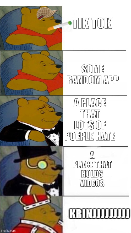 Winnie The Pooh 5x template | TIK TOK; SOME RANDOM APP; A PLACE THAT LOTS OF POEPLE HATE; A PLACE THAT HOLDS VIDEOS; KRINJJJJJJJJJ | image tagged in winnie the pooh 5x template | made w/ Imgflip meme maker