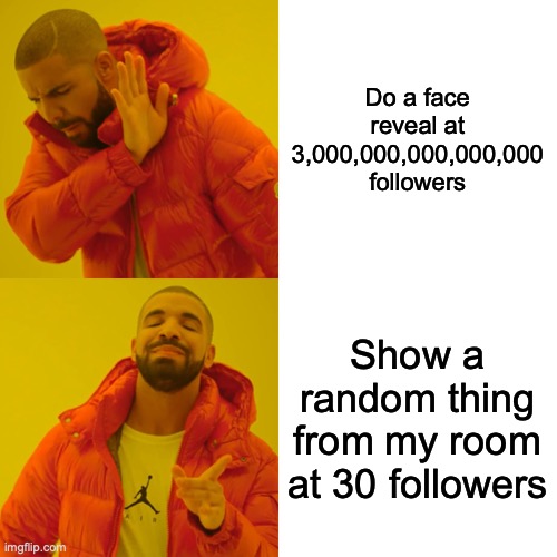 If I get to 30 followers I'll post a pic of a random object from my room | Do a face reveal at 3,000,000,000,000,000 followers; Show a random thing from my room at 30 followers | image tagged in memes,drake hotline bling | made w/ Imgflip meme maker