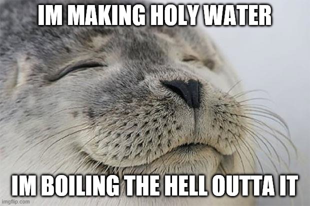 Satisfied Seal | IM MAKING HOLY WATER; IM BOILING THE HELL OUTTA IT | image tagged in memes,satisfied seal | made w/ Imgflip meme maker
