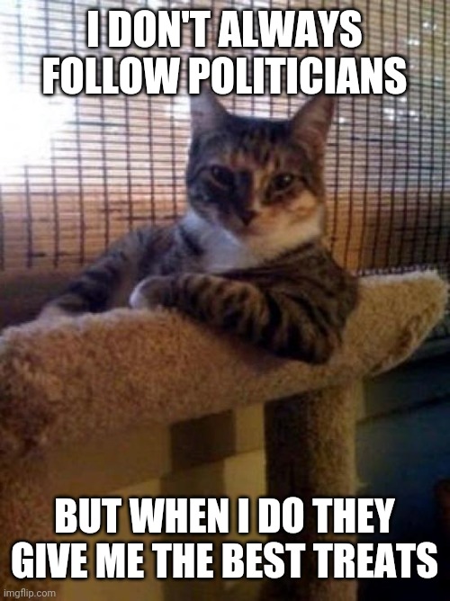 The Most Interesting Cat In The World Meme | I DON'T ALWAYS FOLLOW POLITICIANS; BUT WHEN I DO THEY GIVE ME THE BEST TREATS | image tagged in memes,the most interesting cat in the world | made w/ Imgflip meme maker