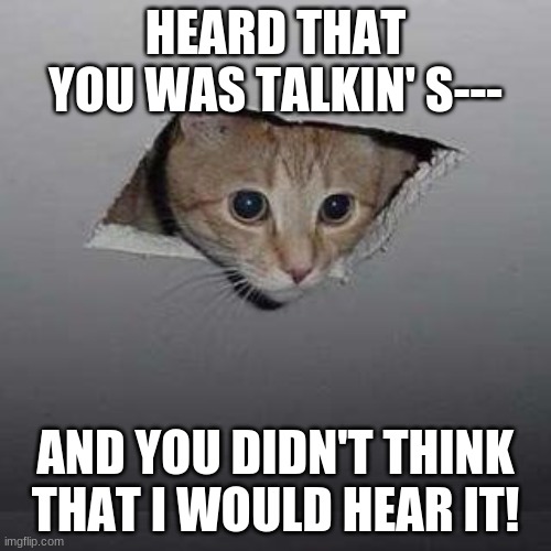 Ceiling catto | HEARD THAT YOU WAS TALKIN' S---; AND YOU DIDN'T THINK THAT I WOULD HEAR IT! | image tagged in memes,ceiling cat | made w/ Imgflip meme maker