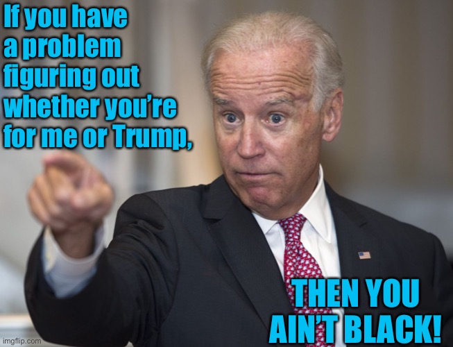 racist joe | If you have a problem figuring out whether you’re for me or Trump, THEN YOU AIN’T BLACK! | image tagged in biden | made w/ Imgflip meme maker
