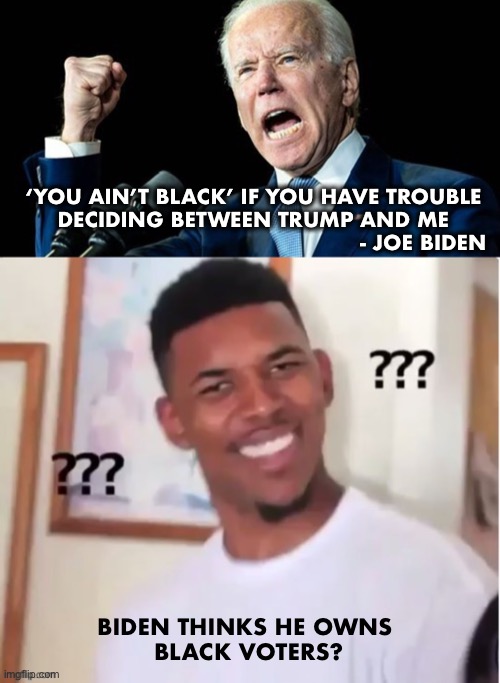 People not living on the plantation might not appreciate your words Joe! | ‘YOU AIN’T BLACK’ IF YOU HAVE TROUBLE
 DECIDING BETWEEN TRUMP AND ME
                                                   - JOE BIDEN; BIDEN THINKS HE OWNS
 BLACK VOTERS? | image tagged in joe biden,racism | made w/ Imgflip meme maker