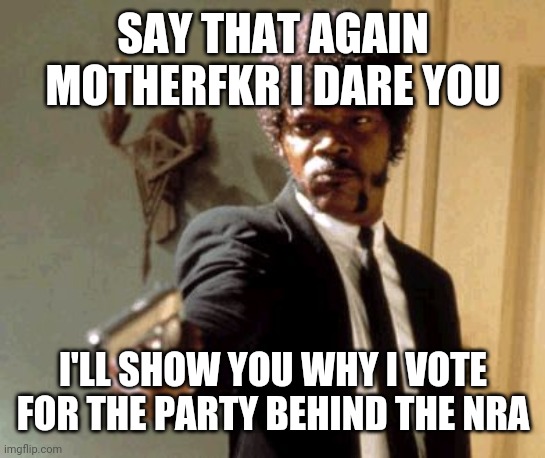 Say That Again I Dare You | SAY THAT AGAIN MOTHERFKR I DARE YOU; I'LL SHOW YOU WHY I VOTE FOR THE PARTY BEHIND THE NRA | image tagged in memes,say that again i dare you | made w/ Imgflip meme maker