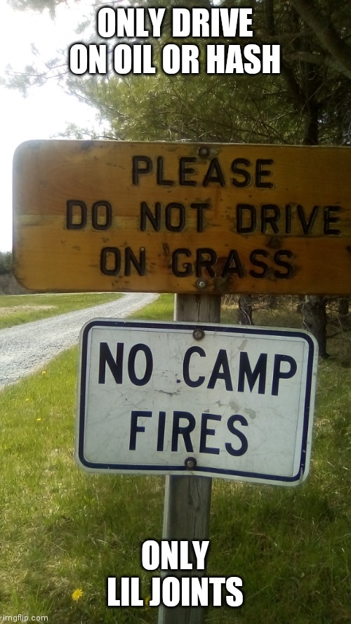 Signs | ONLY DRIVE ON OIL OR HASH; ONLY LIL JOINTS | image tagged in signs | made w/ Imgflip meme maker