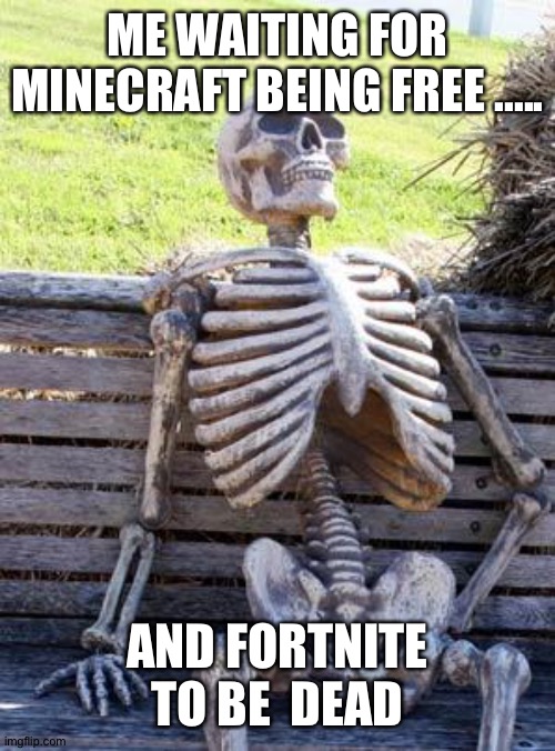 Mojang:makes a great paid game    Epic games:makes a ridiculous battle royal       Me: | ME WAITING FOR MINECRAFT BEING FREE ..... AND FORTNITE TO BE  DEAD | image tagged in memes,waiting skeleton | made w/ Imgflip meme maker