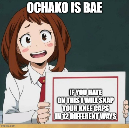... | OCHAKO IS BAE; IF YOU HATE ON THIS I WILL SNAP YOUR KNEE CAPS IN 12 DIFFERENT WAYS | image tagged in uraraka blank poster board | made w/ Imgflip meme maker