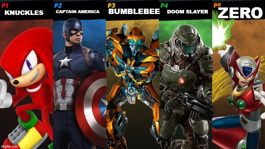 more and more characters join! | ZERO; CAPTAIN AMERICA; DOOM SLAYER; BUMBLEBEE; KNUCKLES | image tagged in smash bros 5 players fight,super smash bros,dlc | made w/ Imgflip meme maker
