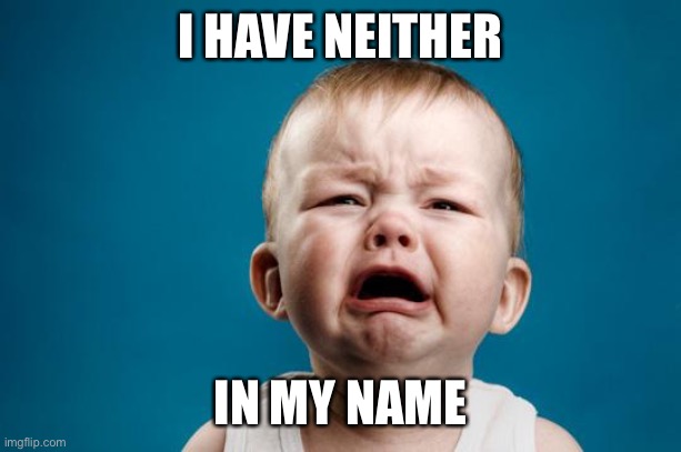 BABY CRYING | I HAVE NEITHER IN MY NAME | image tagged in baby crying | made w/ Imgflip meme maker