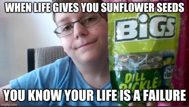Pickle Pablo | WHEN LIFE GIVES YOU SUNFLOWER SEEDS; YOU KNOW YOUR LIFE IS A FAILURE | image tagged in pickle pablo | made w/ Imgflip meme maker