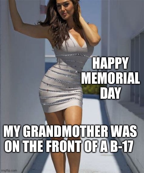 My Grandmother was on a B-17 | HAPPY MEMORIAL DAY; MY GRANDMOTHER WAS ON THE FRONT OF A B-17 | image tagged in all dressed no place to go,babe,memorial day | made w/ Imgflip meme maker