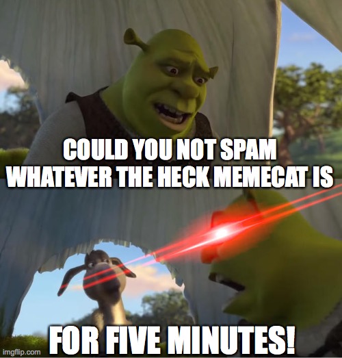 COULD YOU NOT SPAM WHATEVER THE HECK MEMECAT IS FOR FIVE MINUTES! | image tagged in shrek for five minutes | made w/ Imgflip meme maker