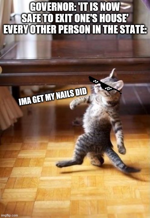 Cool Cat Stroll | GOVERNOR: 'IT IS NOW SAFE TO EXIT ONE'S HOUSE'
EVERY OTHER PERSON IN THE STATE:; IMA GET MY NAILS DID | image tagged in memes,cool cat stroll | made w/ Imgflip meme maker