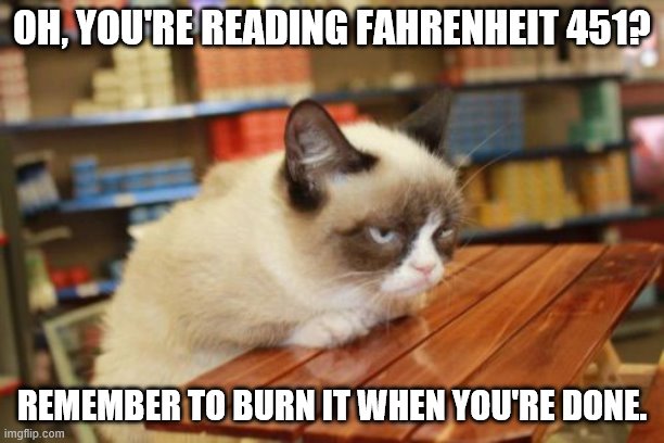 Grumpy Cat Table | OH, YOU'RE READING FAHRENHEIT 451? REMEMBER TO BURN IT WHEN YOU'RE DONE. | image tagged in memes,grumpy cat table,grumpy cat | made w/ Imgflip meme maker