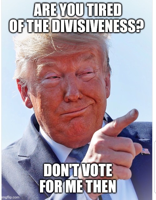 Trump pointing | ARE YOU TIRED OF THE DIVISIVENESS? DON'T VOTE FOR ME THEN | image tagged in trump pointing | made w/ Imgflip meme maker