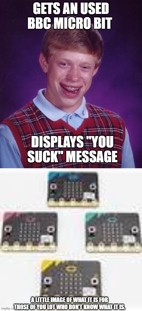 Well I did own one, IDK what my old Computing teacher did with it. | GETS AN USED BBC MICRO BIT; DISPLAYS "YOU SUCK" MESSAGE; A LITTLE IMAGE OF WHAT IT IS FOR THOSE OF YOU LOT WHO DON'T KNOW WHAT IT IS. | image tagged in memes,bad luck brian,bbc microbit,technology | made w/ Imgflip meme maker