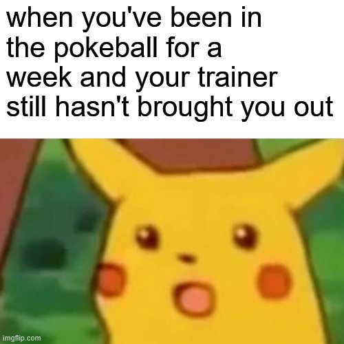 Surprised Pikachu | when you've been in the pokeball for a week and your trainer still hasn't brought you out | image tagged in memes,surprised pikachu | made w/ Imgflip meme maker