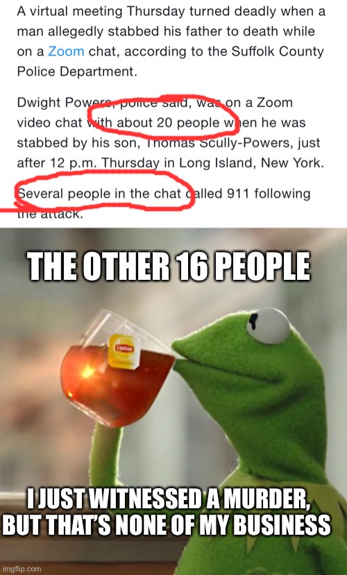 THE OTHER 16 PEOPLE; I JUST WITNESSED A MURDER, BUT THAT’S NONE OF MY BUSINESS | image tagged in memes,but that's none of my business | made w/ Imgflip meme maker