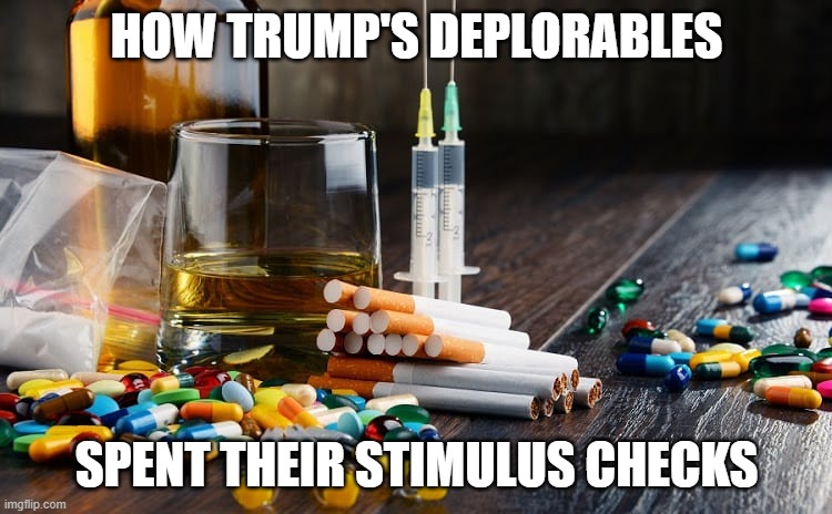 HOW TRUMP'S DEPLORABLES; SPENT THEIR STIMULUS CHECKS | image tagged in trumps deplorables,stimulus check | made w/ Imgflip meme maker