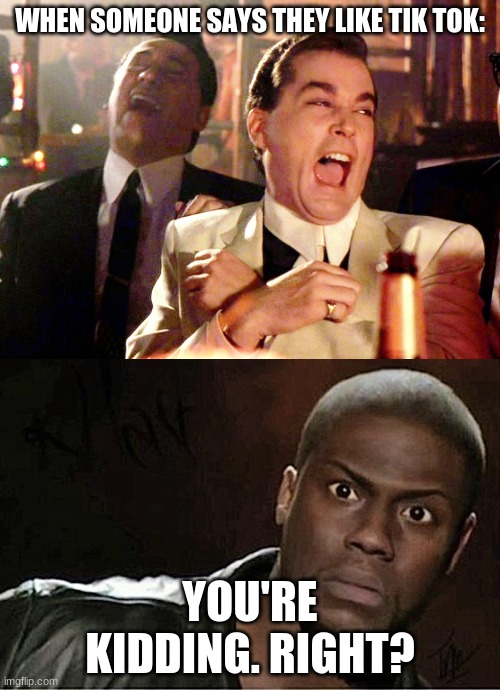 You're kidding, right? | WHEN SOMEONE SAYS THEY LIKE TIK TOK:; YOU'RE KIDDING. RIGHT? | image tagged in memes,kevin hart,good fellas hilarious | made w/ Imgflip meme maker