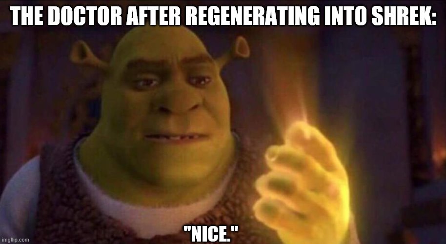 Shrek Who | THE DOCTOR AFTER REGENERATING INTO SHREK:; "NICE." | image tagged in shrek glowing hand,doctor who,shrek,somebody once told me the world was gonna roll me i aint the sharpest tool in the shed | made w/ Imgflip meme maker