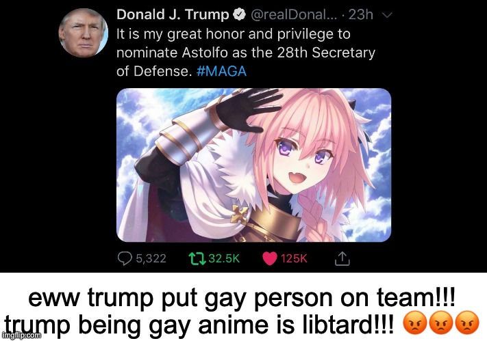 liberal | eww trump put gay person on team!!! trump being gay anime is libtard!!! 😡😡😡 | image tagged in liberal | made w/ Imgflip meme maker