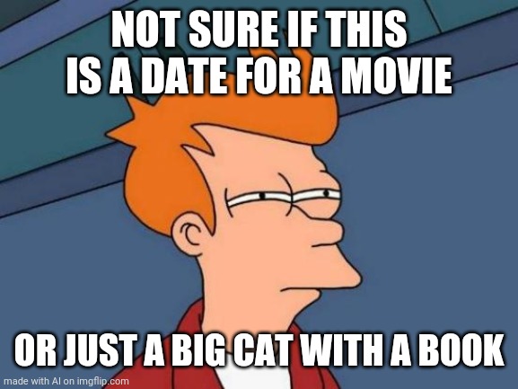 Futurama Fry | NOT SURE IF THIS IS A DATE FOR A MOVIE; OR JUST A BIG CAT WITH A BOOK | image tagged in memes,futurama fry | made w/ Imgflip meme maker
