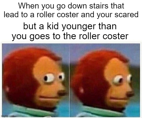 Roller Coaster | When you go down stairs that lead to a roller coster and your scared; but a kid younger than you goes to the roller coster | image tagged in memes,monkey puppet | made w/ Imgflip meme maker