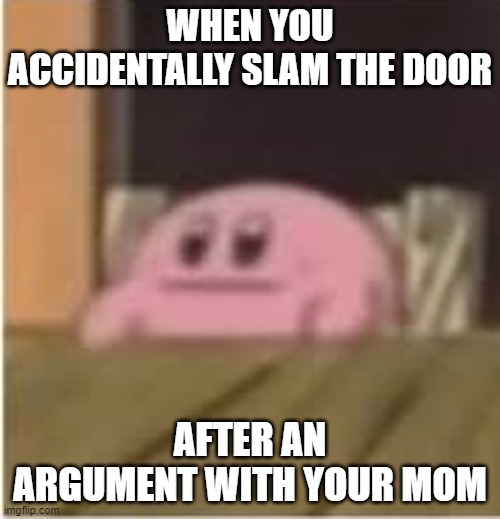 Kirby | WHEN YOU ACCIDENTALLY SLAM THE DOOR; AFTER AN ARGUMENT WITH YOUR MOM | image tagged in kirby | made w/ Imgflip meme maker