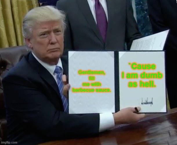 Trump Bill Signing | Gentlemen, fill me with barbecue sauce. `Cause I am dumb as hell. | image tagged in memes,trump bill signing | made w/ Imgflip meme maker