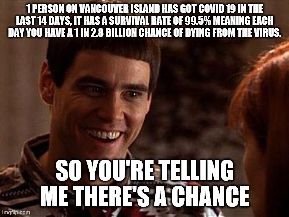 Covid death chance | 1 PERSON ON VANCOUVER ISLAND HAS GOT COVID 19 IN THE LAST 14 DAYS, IT HAS A SURVIVAL RATE OF 99.5% MEANING EACH DAY YOU HAVE A 1 IN 2.8 BILLION CHANCE OF DYING FROM THE VIRUS. SO YOU'RE TELLING ME THERE'S A CHANCE | image tagged in dumb and dumber | made w/ Imgflip meme maker